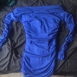 Windsor Blue Off-Shoulder Bishop Sleeve Bodycon Dress